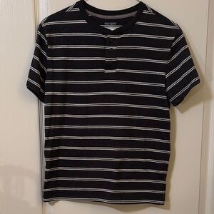 Old Navy Dark Gray and White Striped Henley Tee